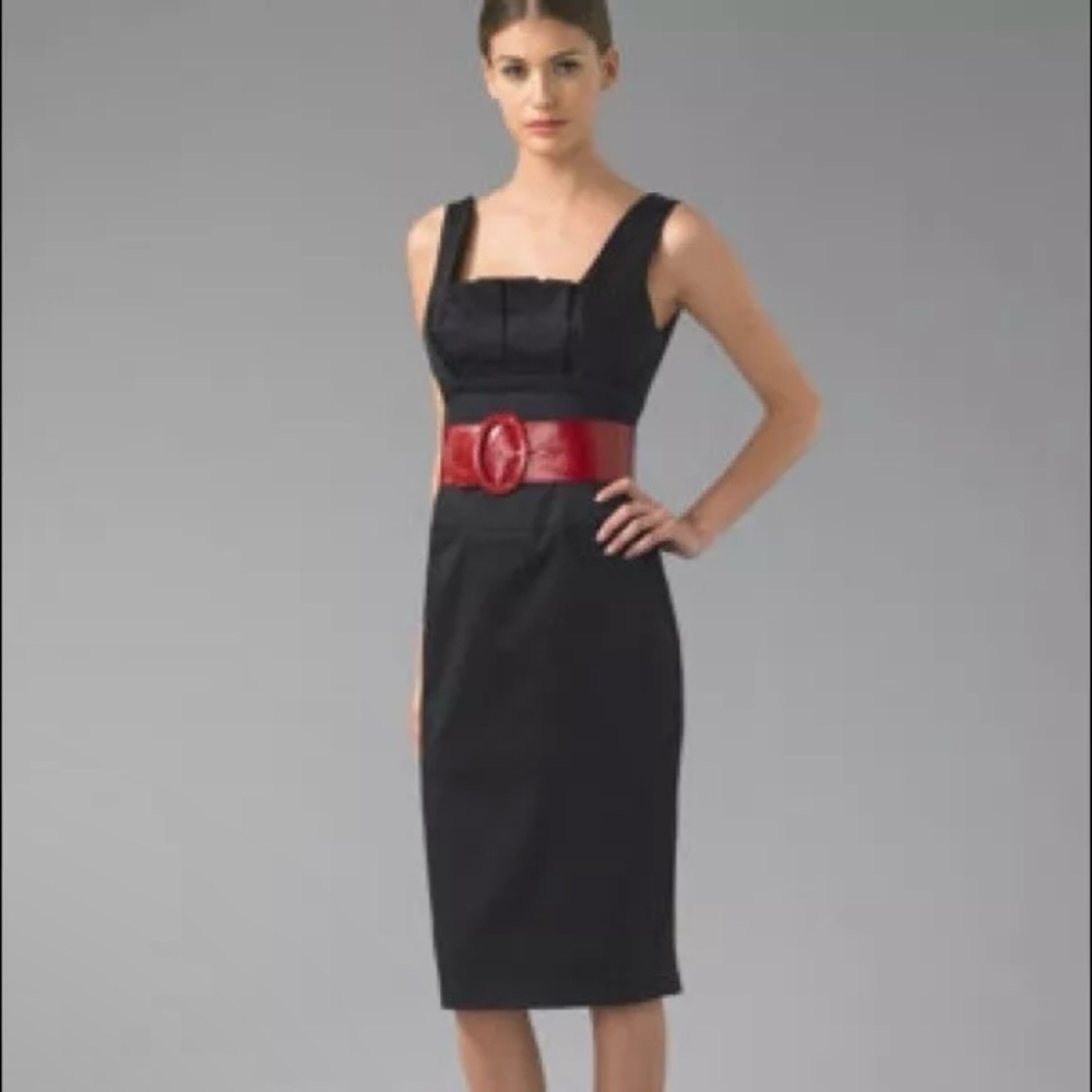 Black Halo Y2K Box Pleat Bust Sheath Dress Black Tonal Stripe XS